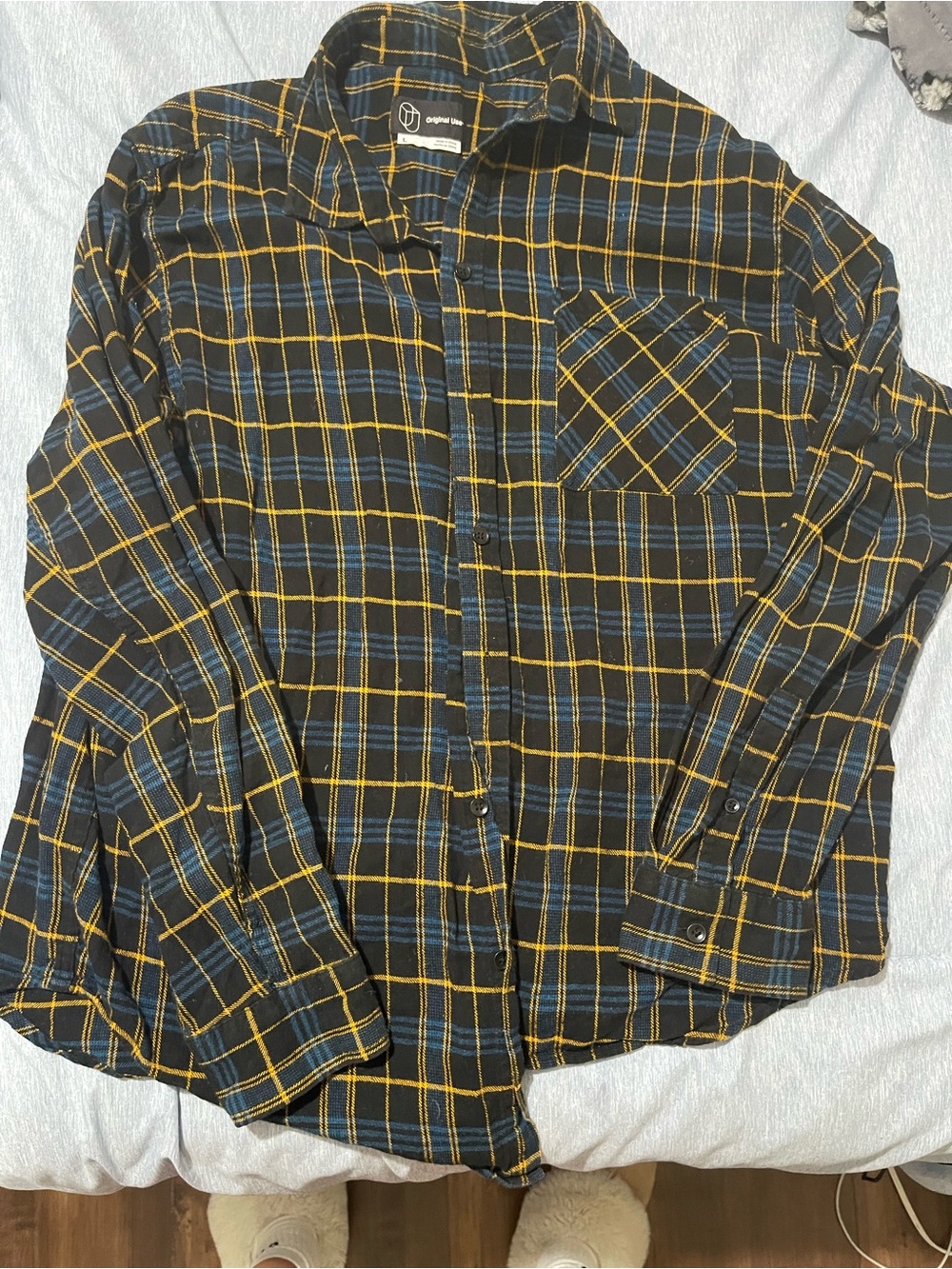 Organic Basics Black Plaid Button-Down Shirt with Yellow and Blue Lines